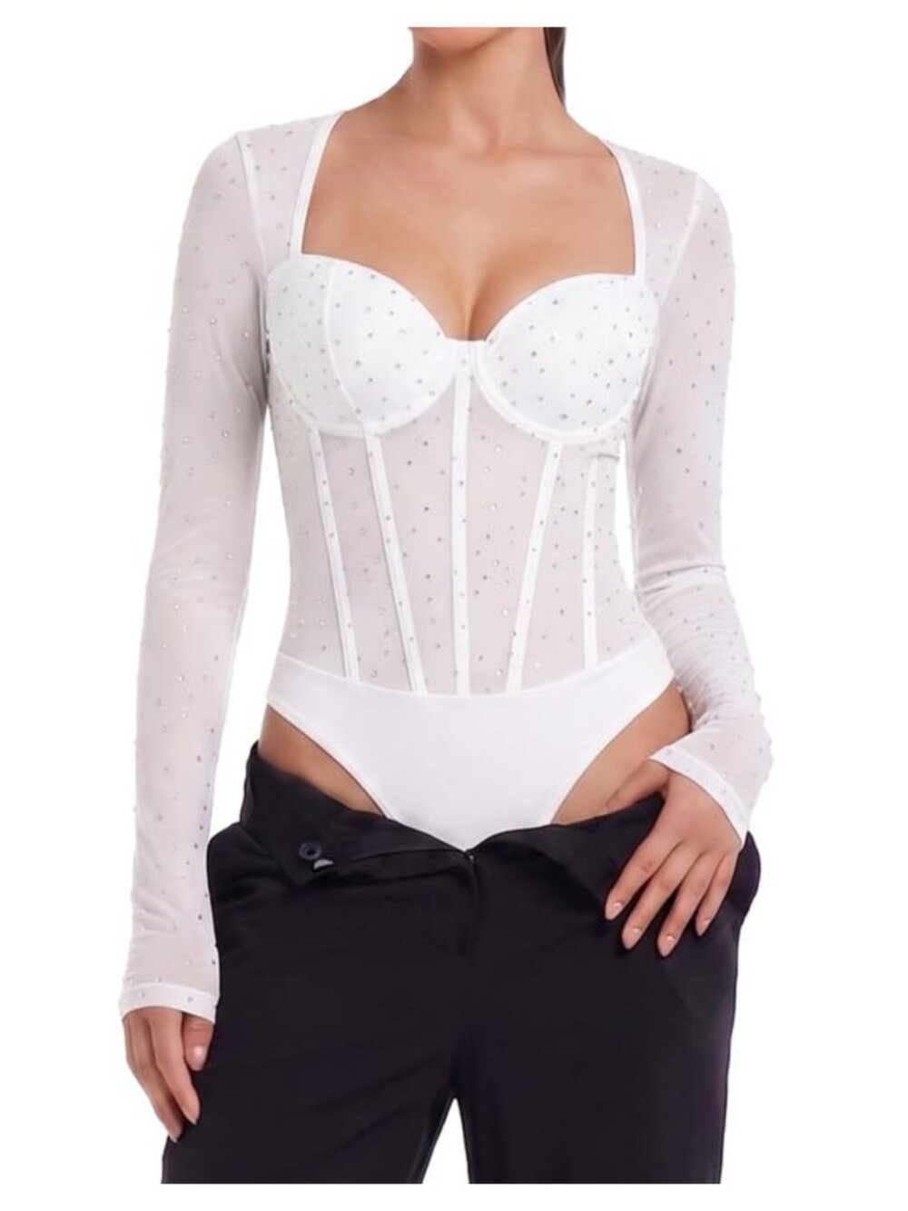 Sparkle Mesh Long Sleeve Bodysuit Sheer Leotard Rave Top